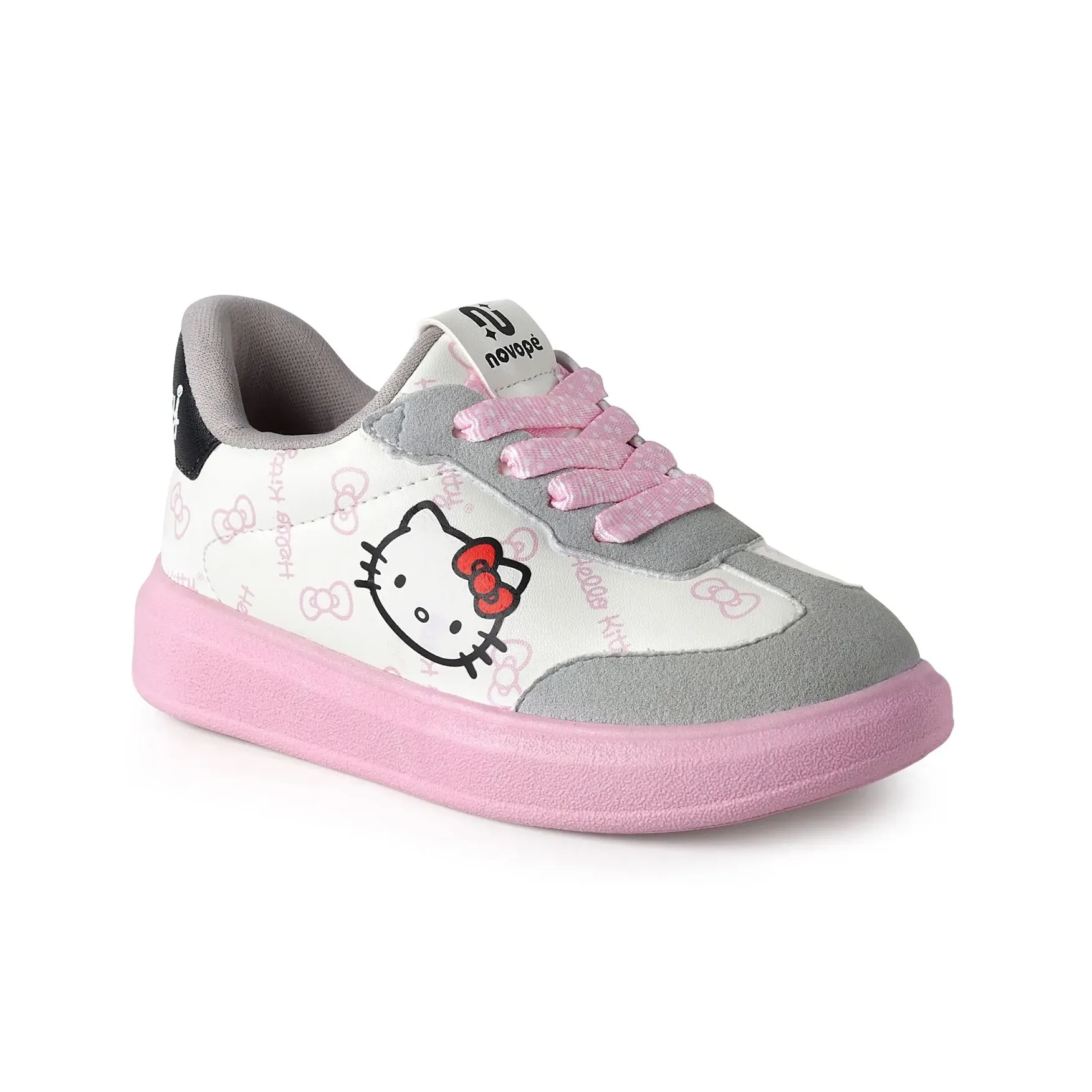 Tênis infantil feminino Novopé branco com estampa Hello Kitty visto de lado mostrando detalhes do design